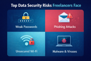 Data security for freelancers illustration showing a professional working on a laptop with cybersecurity protection icons