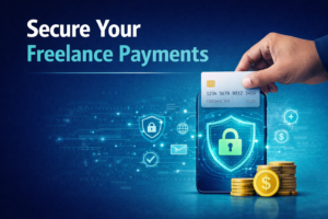 Data security for freelancers illustration showing a professional working on a laptop with cybersecurity protection icons