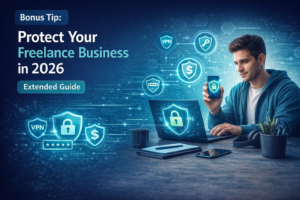 Data security for freelancers illustration showing a professional working on a laptop with cybersecurity protection icons